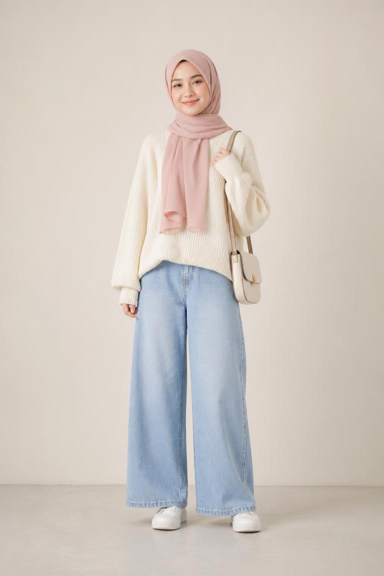 A young woman in a modest outfit: blush hijab, cream knit sweater and wide-leg jeans